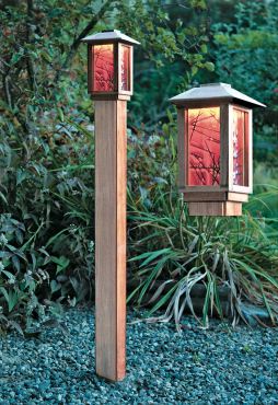 Bistro — Brazilian Cherry bollard with glass designed in collaboration with Mesollini Glass Studio of Bainbridge Island; very weather-resistant with night sky friendly LED lamping provides up to a 60-foot light spread.