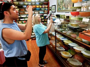 Recent visitors to the Pyrex Museum are fascinated with the pieces on display.