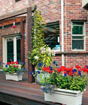 Containers bursting with flowers