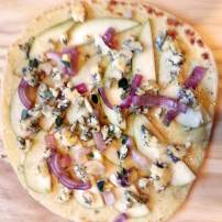 Pear, Stilton cheese, and red onion pizza (before baking).