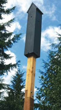 Completed, painted and mounted rocket box — notice how the untreated and treated posts are cut into notches to fit together and connect with bolts. The treated lumber post is used for the bottom portion that is sunk into the ground with concrete. It is best to connect the two posts together prior to setting the whole unit in the ground.