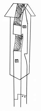 Drawing shows carved-out, untreated post with rocket box placed over top and notched connection between two types of posts.