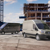 The 2015 Ford Transit van can be configured for cargo or passengers.