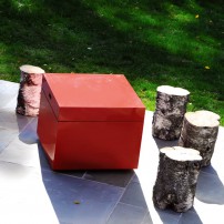 The Cube outdoor fireplace with sculptural cover by Spark Design