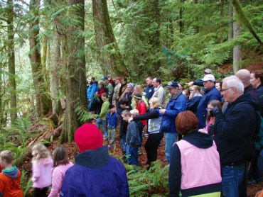 Throngs of people delight in seeing the salmon return at the Mountaineers Rhododendron Preserve last fall. Salmon docents and guides will be on hand to lead tours and answer questions again this year. (Photo courtesy Jeff Adams)