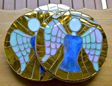 Mosaic trivets for Angel Martos' GoFundMe campaign were made from gifted glass.