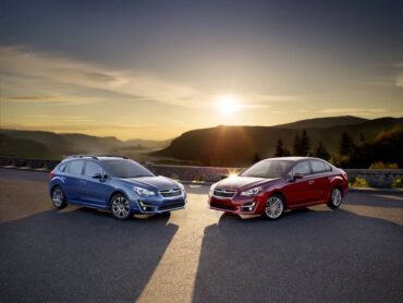 The Subaru Impreza is available as a five door hatchback (left) and a traditional four door sedan (right).