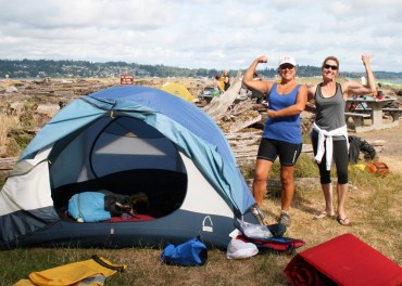 Laureen Lund and Mary Tolbert are proud they got their tent set up.