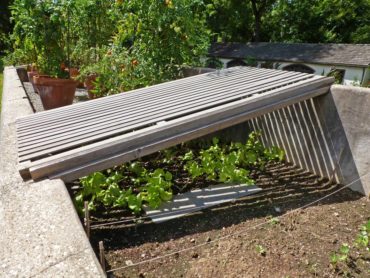 Cold frames covered with a shade lattice used to start seedlings during the hot months of summer for fall and winter harvest. Chanticleer garden, Pennsylvania