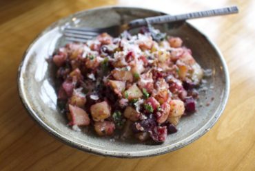 Hash with roasted beets, greens, potatoes and quinoa