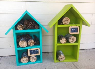 Mason bee homes made out of reclaimed materials then given a crafty paint job. All parts are removable, if needed.