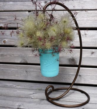 The fluffy-soft and delicate seed heads of pasque flower (Pulsatilla vulgaris) with purple-red spikenard (Aralia californica) fill a painted mason jar. The bouquet is hung using a metal ring purchased especially for hanging canning jars.