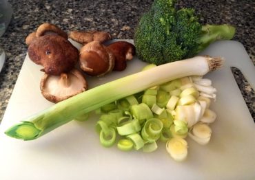 Leek, mushrooms, and broccoli