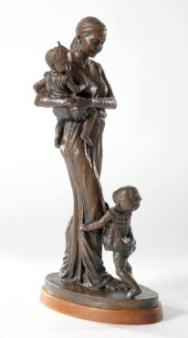 “Wholehearted,“ 2015, bronze: A young mother's arms may hold just one, but her heart is large enough for both of her twins.