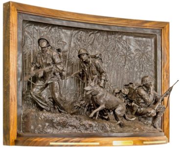 “Soul of the Forward and Faithful: WW II U.S. Marine Raider Memorial,” 2014, bronze: Commissioned by the U.S. Marine Raider Foundation and Association for the National Museum of the Marine Corps, Washington D.C., Pentagon. Honoring the men who fought in America’s first elite force, this memorial presents a group of U.S. Marine Raiders tackling sloped terrain in the Pacific jungle. The panel beyond depicts the thick vegetation, creating a theater-like context.