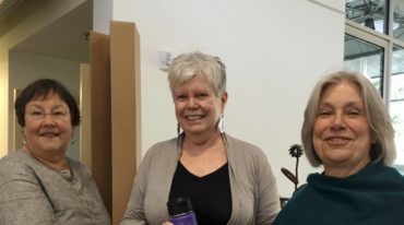 The BARN's jewelry studio lead Jane Martin (self-proclaimed garbage guru who leads the BARN's recycling efforts) with Writers Studio lead and author Teri Smith and BARN board President Catherine Camp