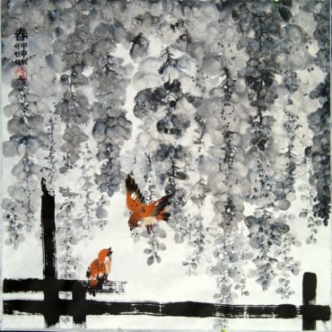 "Morning Visitors," painted on rice paper with traditional Chinese ink