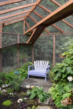 A colorful bench invites visitors to linger.