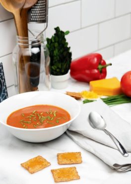 Creamy Tomato and Roasted Pepper Soup with Cheddar Cracker Melts