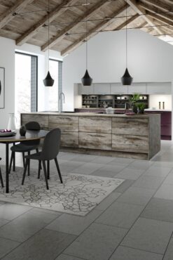 Autograph Elements Wren Kitchen featuring Ocean Cypress island paired with Aubergine and Cathedral units