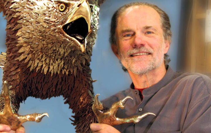 Gary Jackson with eagle. This photo appeared in the fall 2009 issue of WestSound Home & Garden magazine's "An Art-full Weekend" — a feature about the Gig Harbor Open Studio Tour. Due to COVID-19 restrictions, the event was canceled for 2020, which would've marked the 28th year of the tour. (Photo courtesy Charlee Glock-Jackson, 2007)