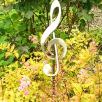 Garden post — 5 feet tall overall and made from stainless steel and rebar