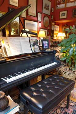 Concert grand piano nestled in behind main seating