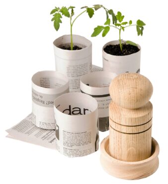Paper pot makers make it easy to transform newspaper into biodegradable plant pots that are perfect for starting seeds. (Photo courtesy of Gardener’s Supply Company)