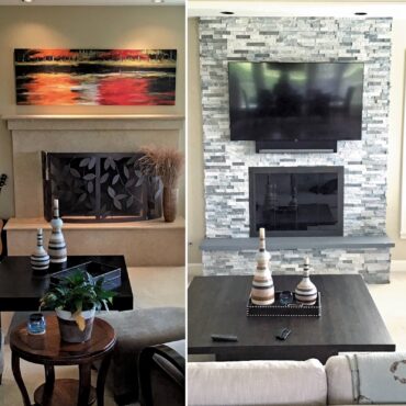 Before and after — adding textural stone and a TV