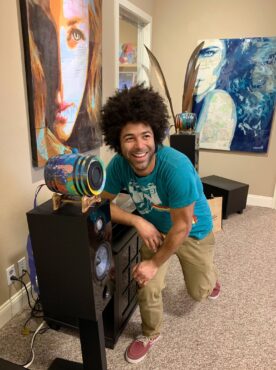 Cory Bennett Anderson with painted Barrel speakers from Nuts About Hi-Fi