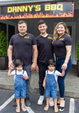 Left to right: Juan Fimbres, son Juan Jr., wife Yadhira, twin sons Max and Dan at the family business, Danny’s BBQ