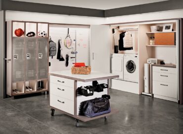 Sports enthusiast laundry-mudroom with motorized wardrobe lift for easy access to drying rack and HandiWall panel-hooks-shelv for flexible storage options (Photo courtesy Hafele)