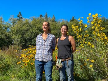 The brains and brawn behind the birdmarsh —  Erin Hill (left) and Haley Wiggins. The sunflower species to the right of Wiggins is Helianthus maximiliani. (Photo courtesy Deborah Furlan)