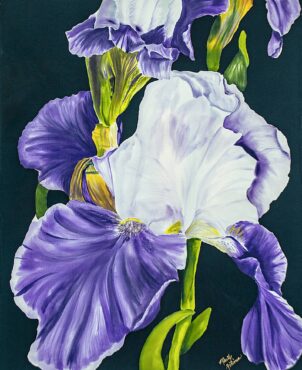 This year’s poster artist is Marty Robinson with a beautiful purple-and-white iris. She paints with dye on silk and will be one of the vendors this year with her silk hand-painted scarves. 