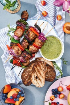 Grass-Fed Lamb Meatball and Veggie Skewers with Herb Sauce