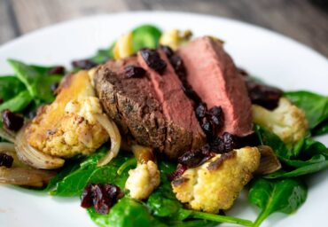 Beef Tenderloin with Roasted Cauliflower and Spinach Salad