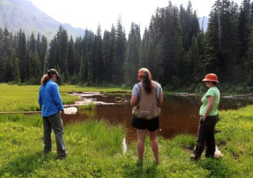 Volunteers for the Rainier National Park Amphibian Project collect data on amphibians. (Photo courtesy Ivie Metzen)
