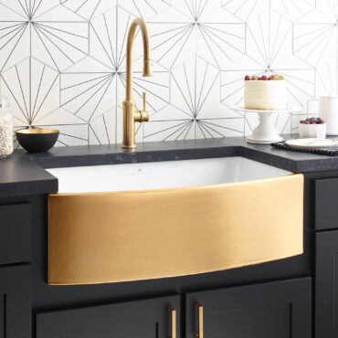 Rendezvous fireclay apron front sink in matte gold by Native Trails