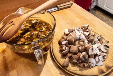 Rehydrated dried mushrooms and fresh mushrooms for flavor and texture