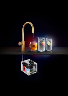 Zip Water Hydrotap three-in-one hot-filtered-sparkling water dispenser with arc-style faucet in brushed gold