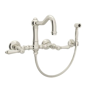 Rohl Aquia wall-mounted column spout bridge faucet with dual handles and side spray in polished nickel