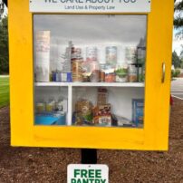 Local businesses can "sponsor" a pantry for a donation. The business's name is added to an encouraging message.