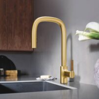 Tenon pull-down faucet in gold with wood handle by Moen