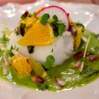 Cod with Minted Pea Veloute and Orange-Radish Salad