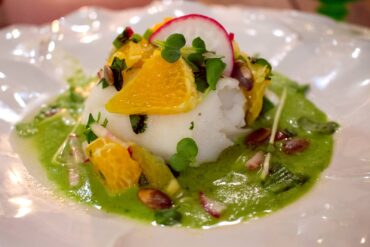 Cod with Minted Pea Veloute and Orange-Radish Salad