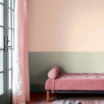 upper wall: Tissue Pink 1163 lower wall: Paris Rain 1501 door/baseboard: Ashwood Moss 1484