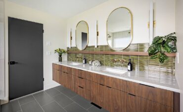 Floating walnut vanity with shelf (Photo courtesy Matthew Witschonke, Sound Photographics)