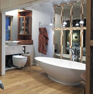 A beatiful full-size tub made possible by the addition of the space-saving Hidealoo pivoting toilet mounting hardware (toilet not included)