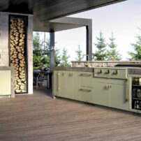 True Residential beverage refrigerator and kegerator — Caliber Rockwell grill in sage finish