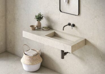 Colors of sand — mineral washing and travertine trends embodied in one porcelain, large-format tile and slabs series by Serena Crosscut Moka travertine look in porcelain by Roca Tile USA